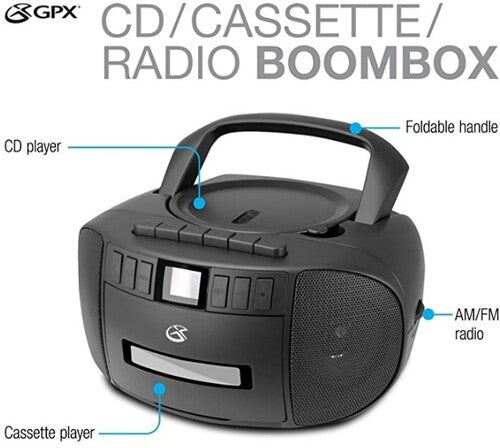 GPX - GPX BCA209B Stereo Boombox With CD Player, Cassette Recorder, AM/FM Radio AC/DC - Includes AC Cable (Black) (Bluetooth) | Boombox