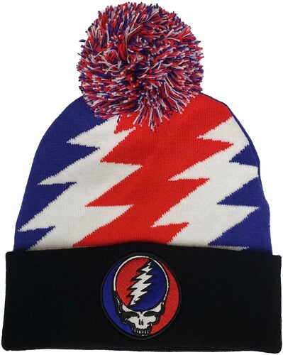 The Grateful Dead - Grateful Dead - Steal Your Face Patch - Knit Pom Hat - Jacquard Lighting Bolt Red/White/Blue/Black BN25GFD265 (Hat, One Size Fits All, Black) | Hat