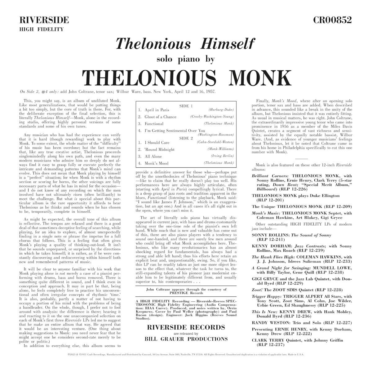 Thelonious Monk | Thelonious Himself (Original Jazz Classics Series) (180 Gram Vinyl) | Vinyl