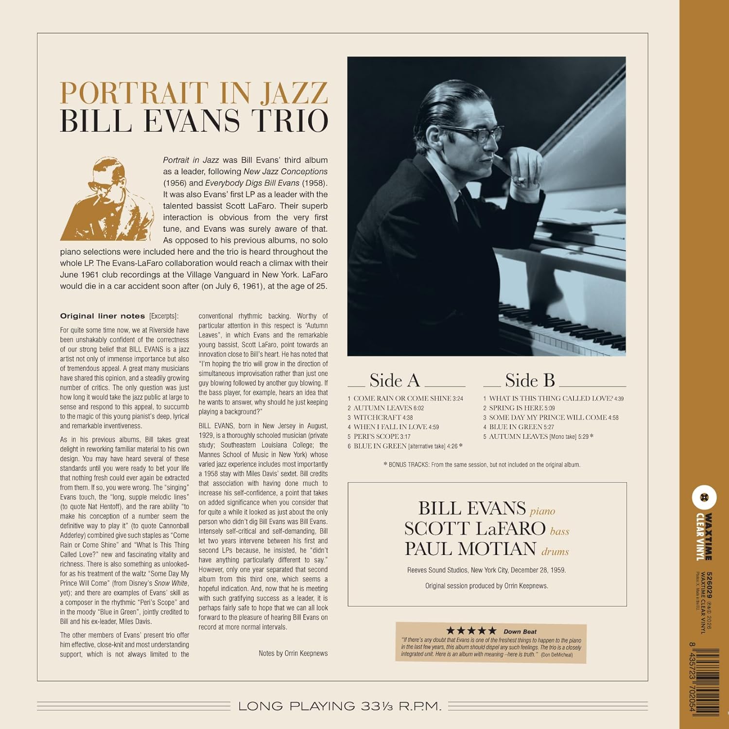 Bill Evans Trio | Portrait In Jazz (Limited Edition, 180 Gram Crystal Clear Vinyl with Bonus Tracks) [Import] | Vinyl