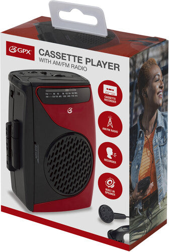 Jensen | GPX CAS337 Portable Cassette Player with AM/FM Radio/Voice Record (Red, Black, Cassette Player) | Cassette Player