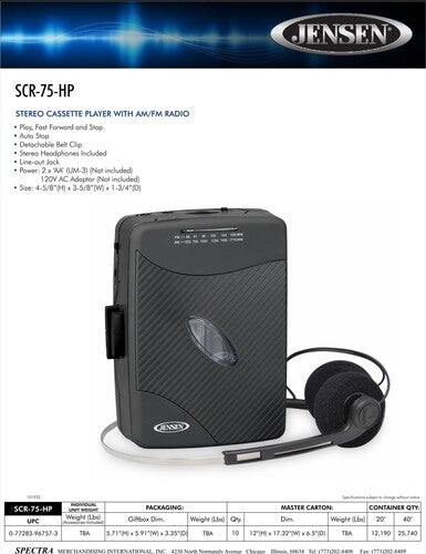 Jensen | Jensen SCR-75-HP Classic Personal Cassette Player with AM FM Radio (Black) | Cassette Player