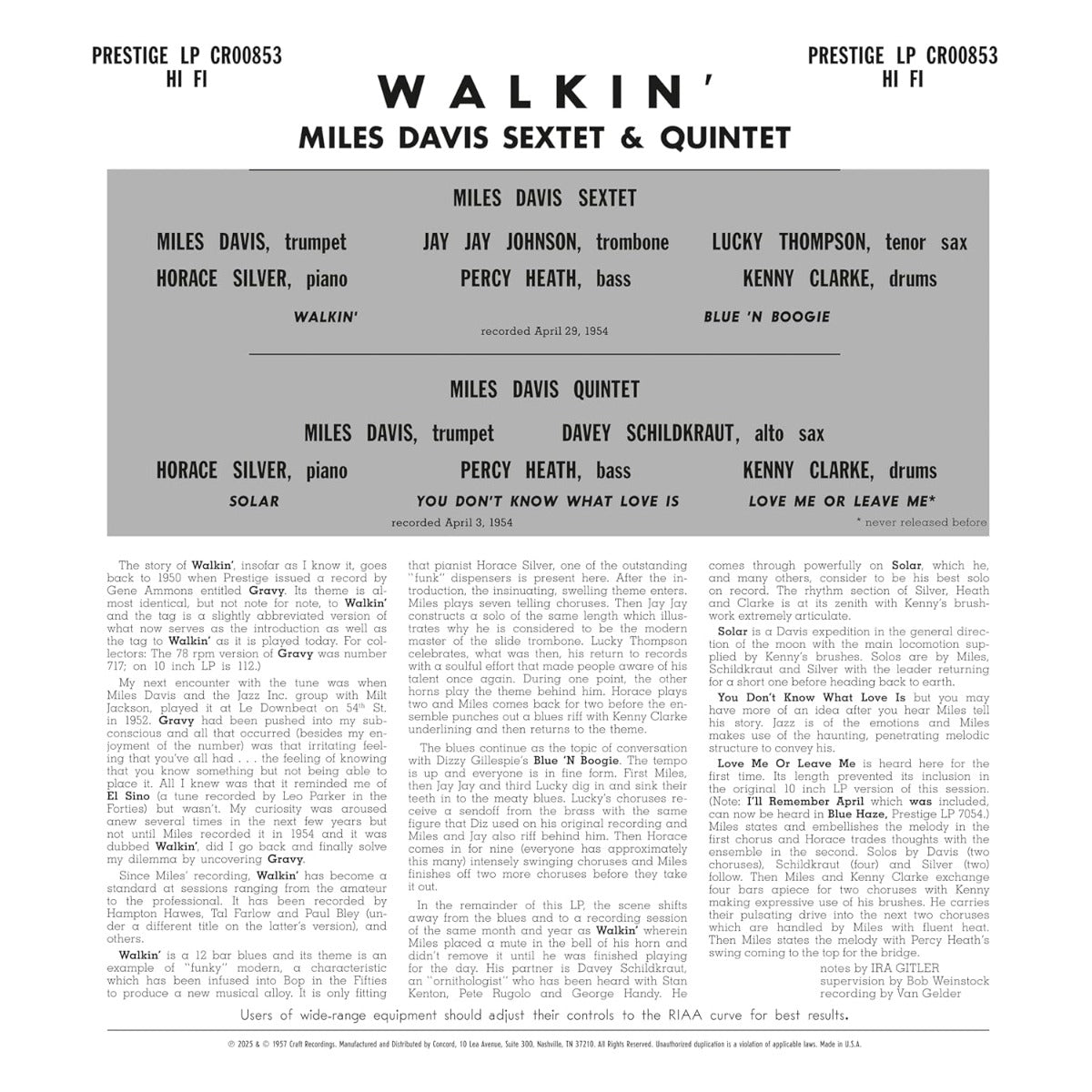 Miles Davis All Stars - Walkin' (Original Jazz Classics Series) (180 Gram Vinyl) | Vinyl