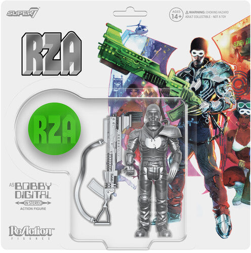 RZA | Super7 - Bobby Digital ReAction W03 - Bobby Digital (Metallic Silver w/ 45 Adaptor) (Vinyl Figure, With Bonus 7") | Action Figure