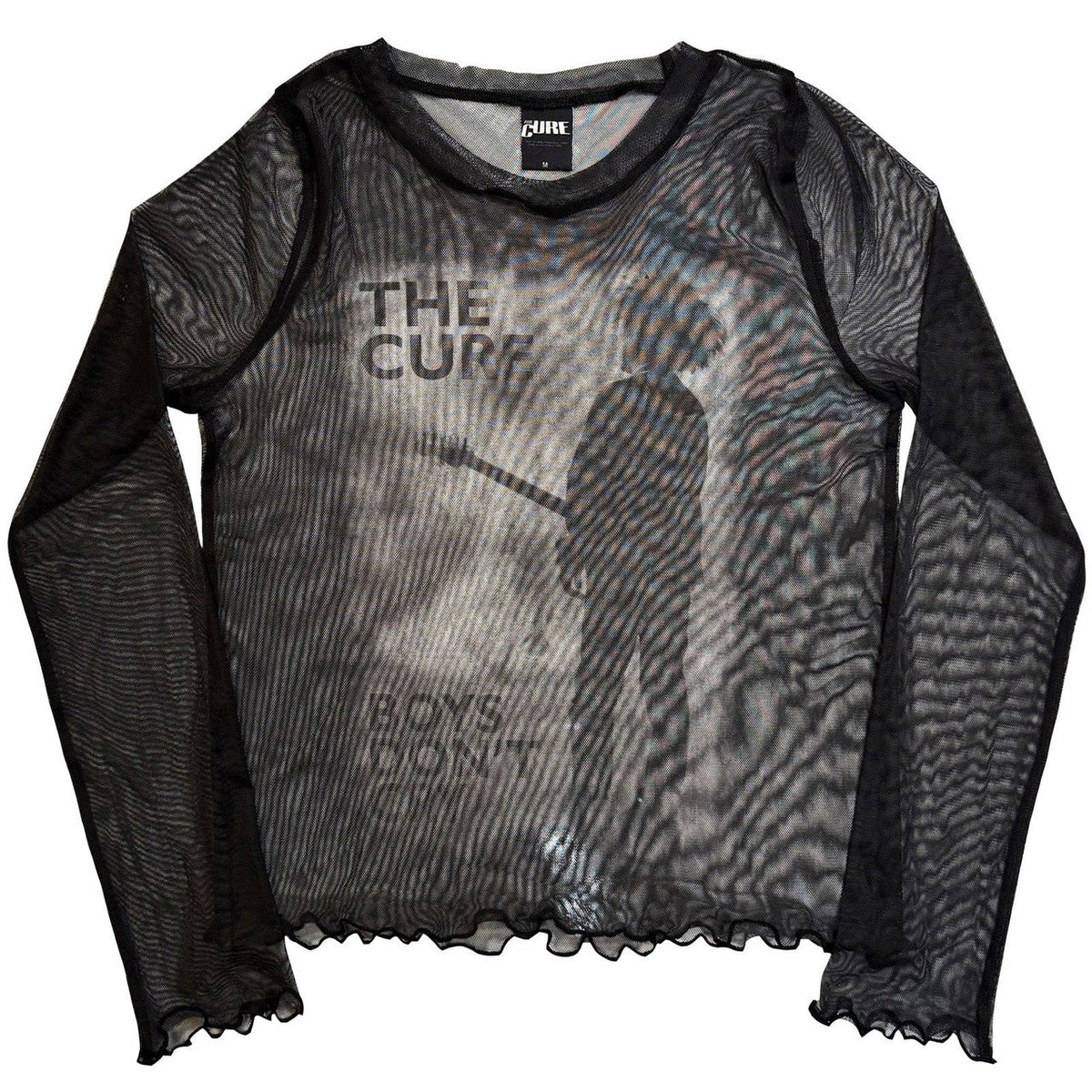 The Cure - Boys Don't Cry B&W Ladies Long Sleeve Mesh Crop Top (Black) | Apparel