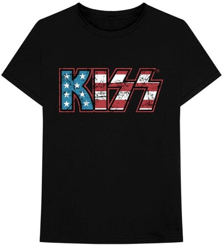 Kiss | Distressed Americana Logo Black Unisex Short Sleeve T-shirt Small | Apparel